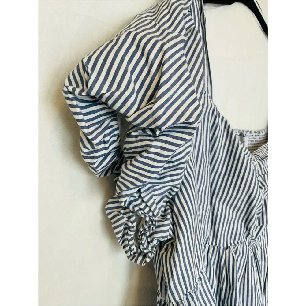 Old Navy Coastal Puff Sleeve Peplum Top XXL Cotton Striped Blue White Smocked